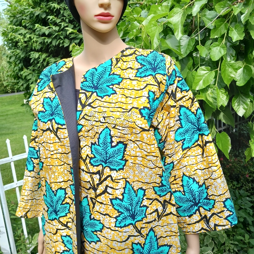 Handmade African Print Cotton Lined Open Front 3/4 Sleeve Midi Jacket OS…
